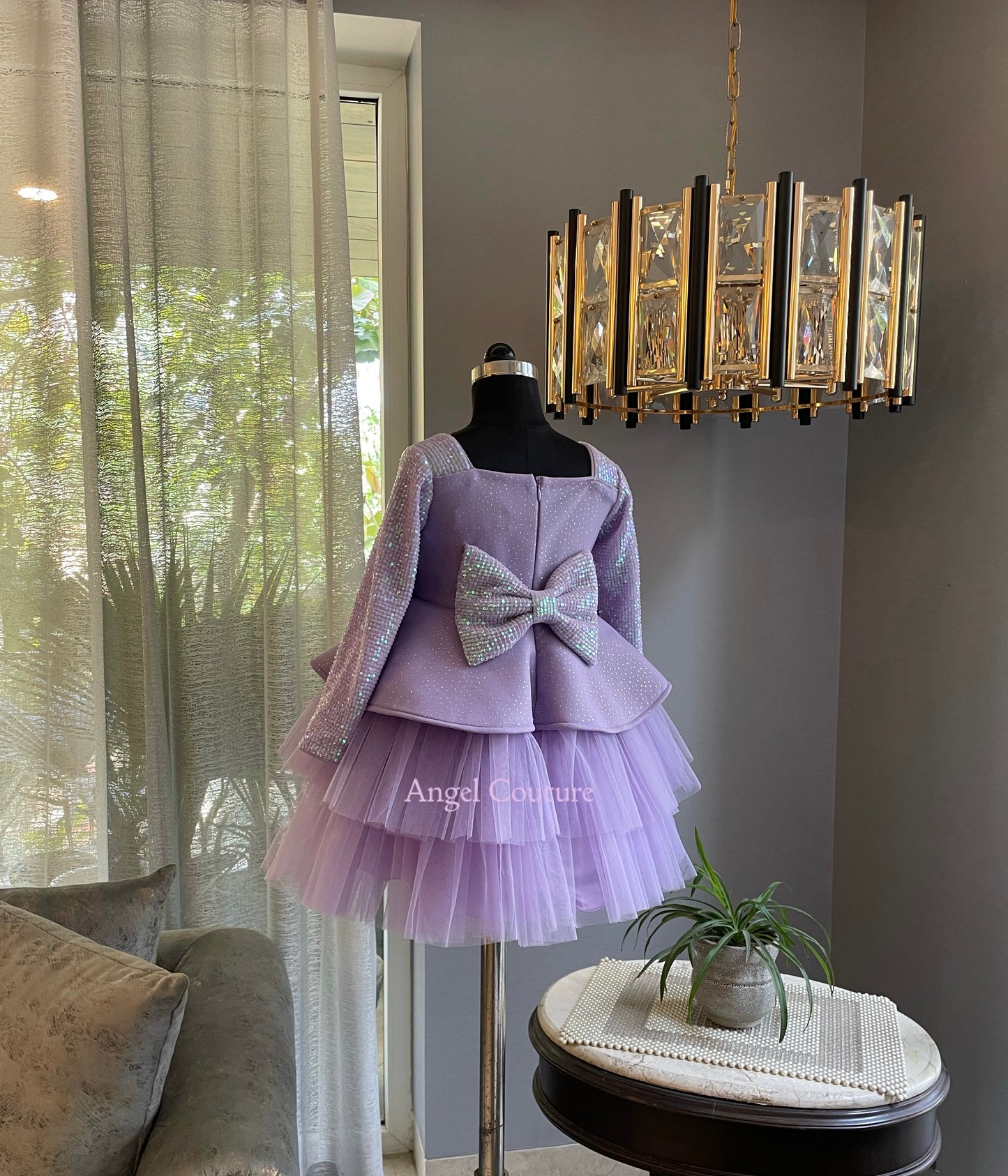 Lavender Sequence Flower Peplum Dress