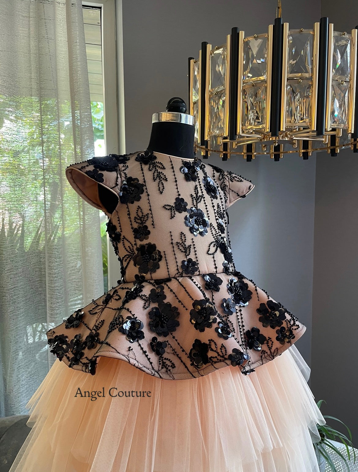 Peach Black Flower Sequence Peplum Dress