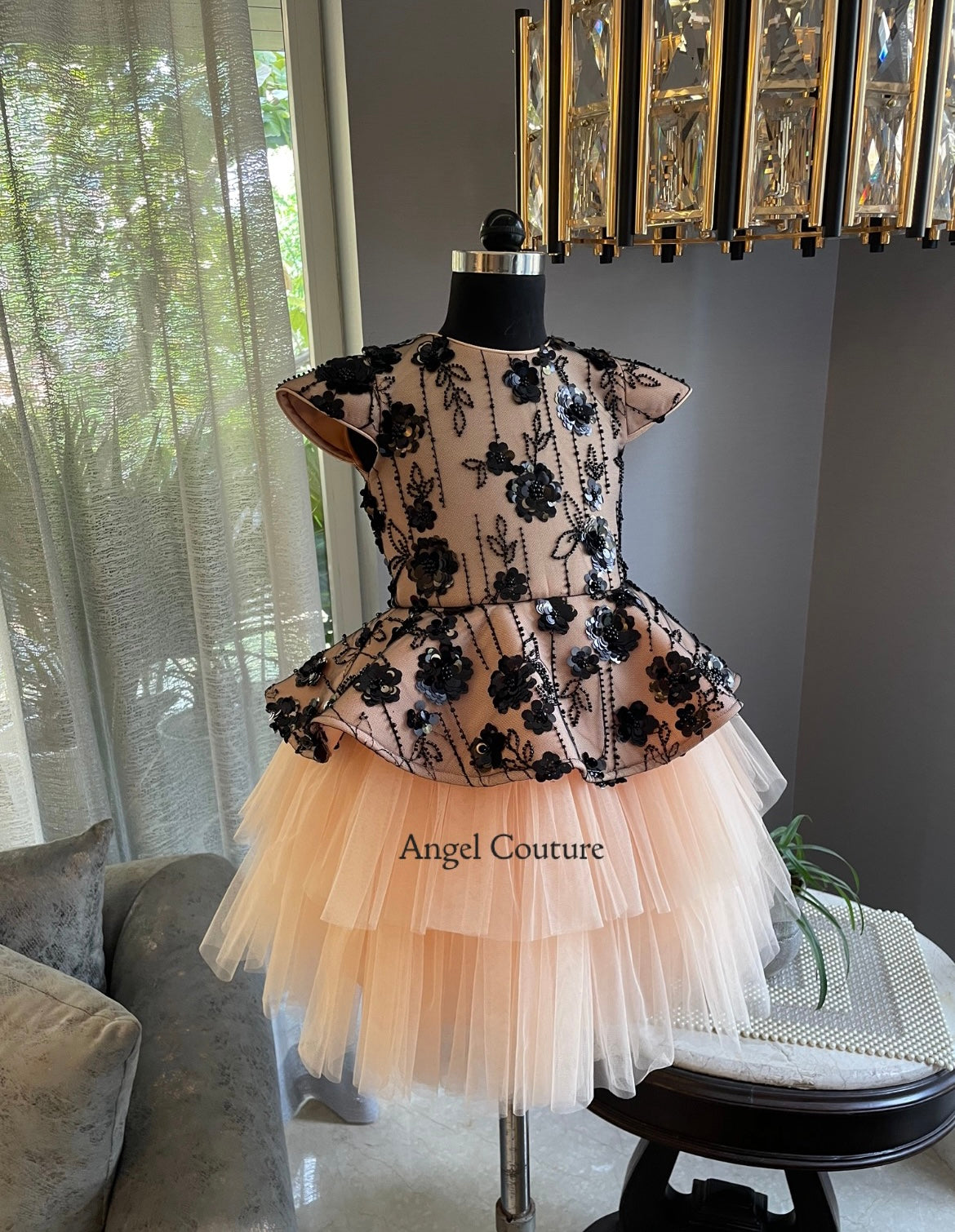 Peach Black Flower Sequence Peplum Dress