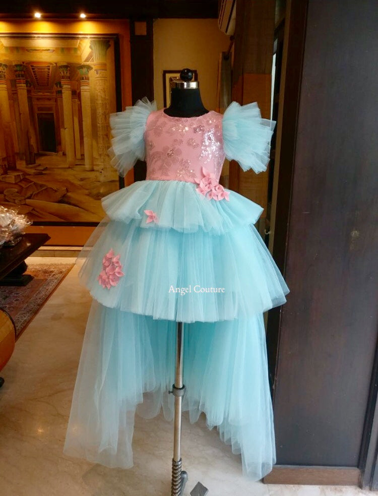Ice Blue Baby Pink Sequence Multilayer Gown