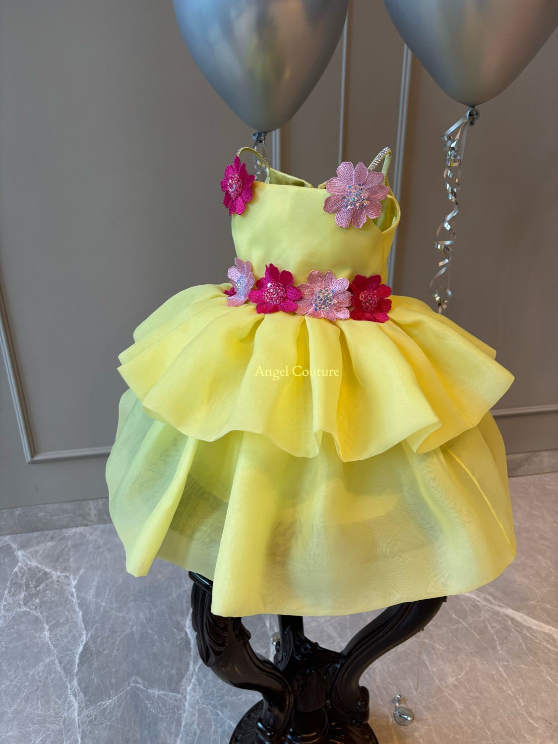 Lemon Organza Applique Flower Dress