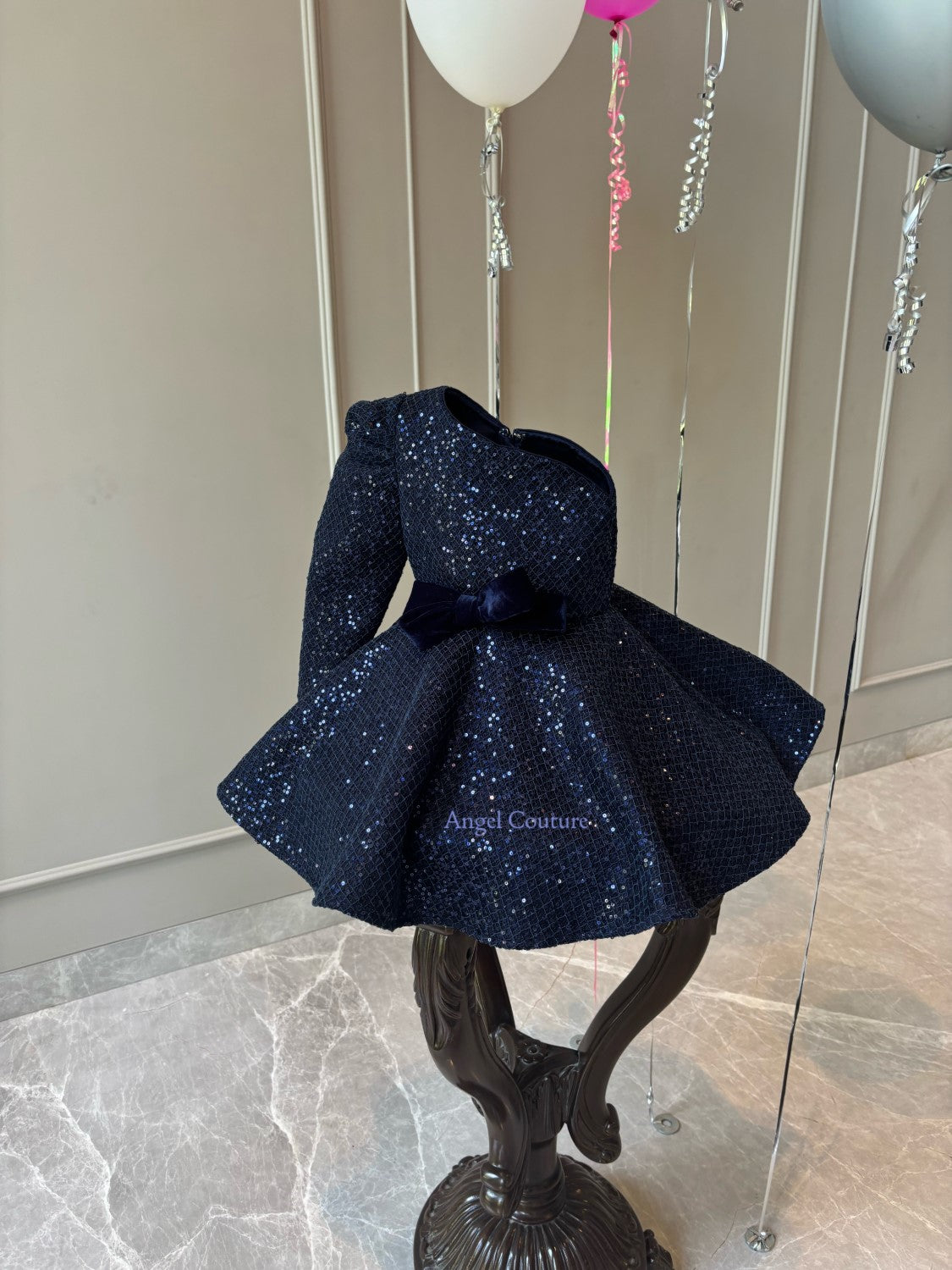 Navy Blue Sequence One shoulder Full Peplum Dress