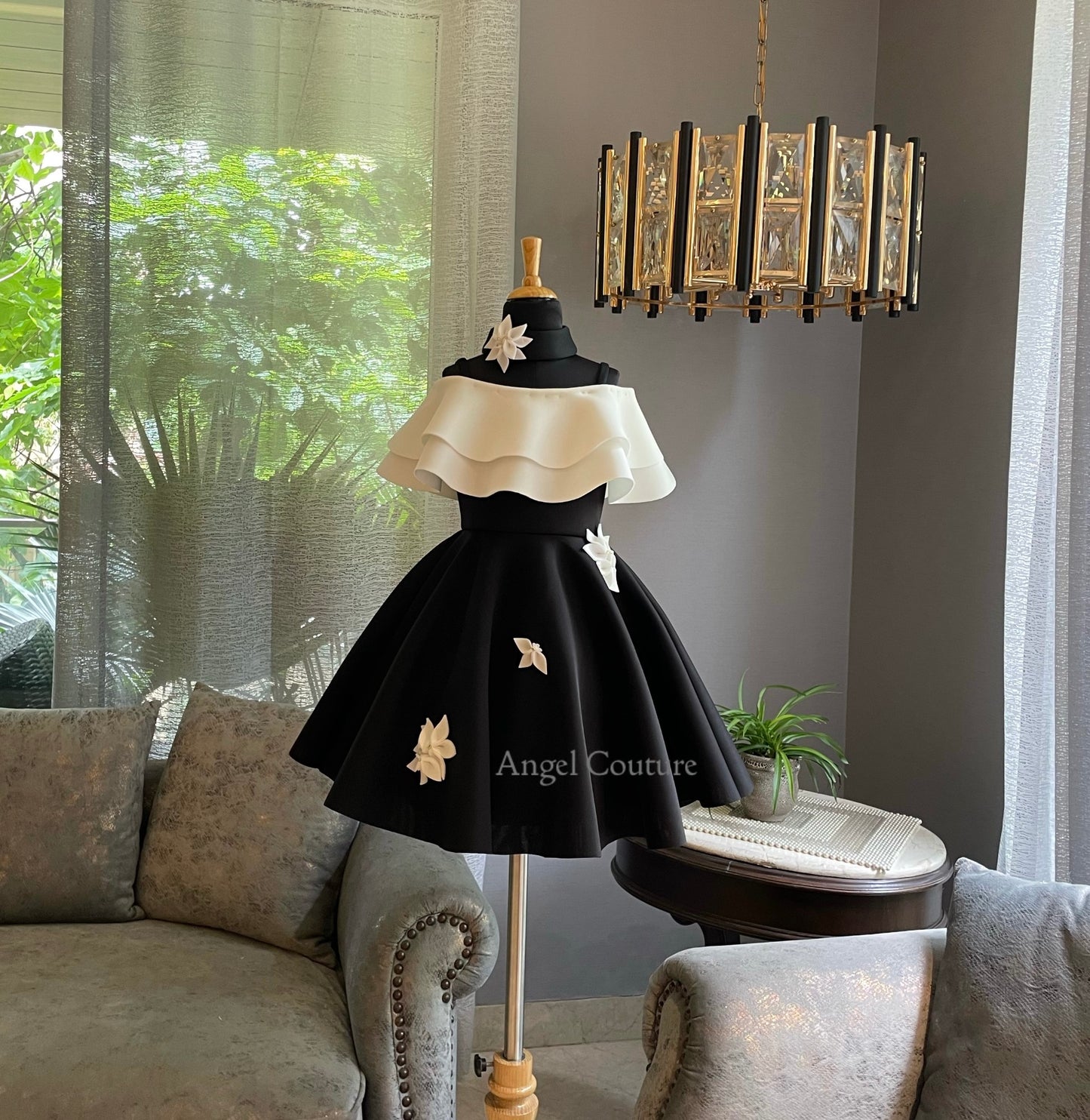 Black And Ivory Double Drape Offshoulder Dress