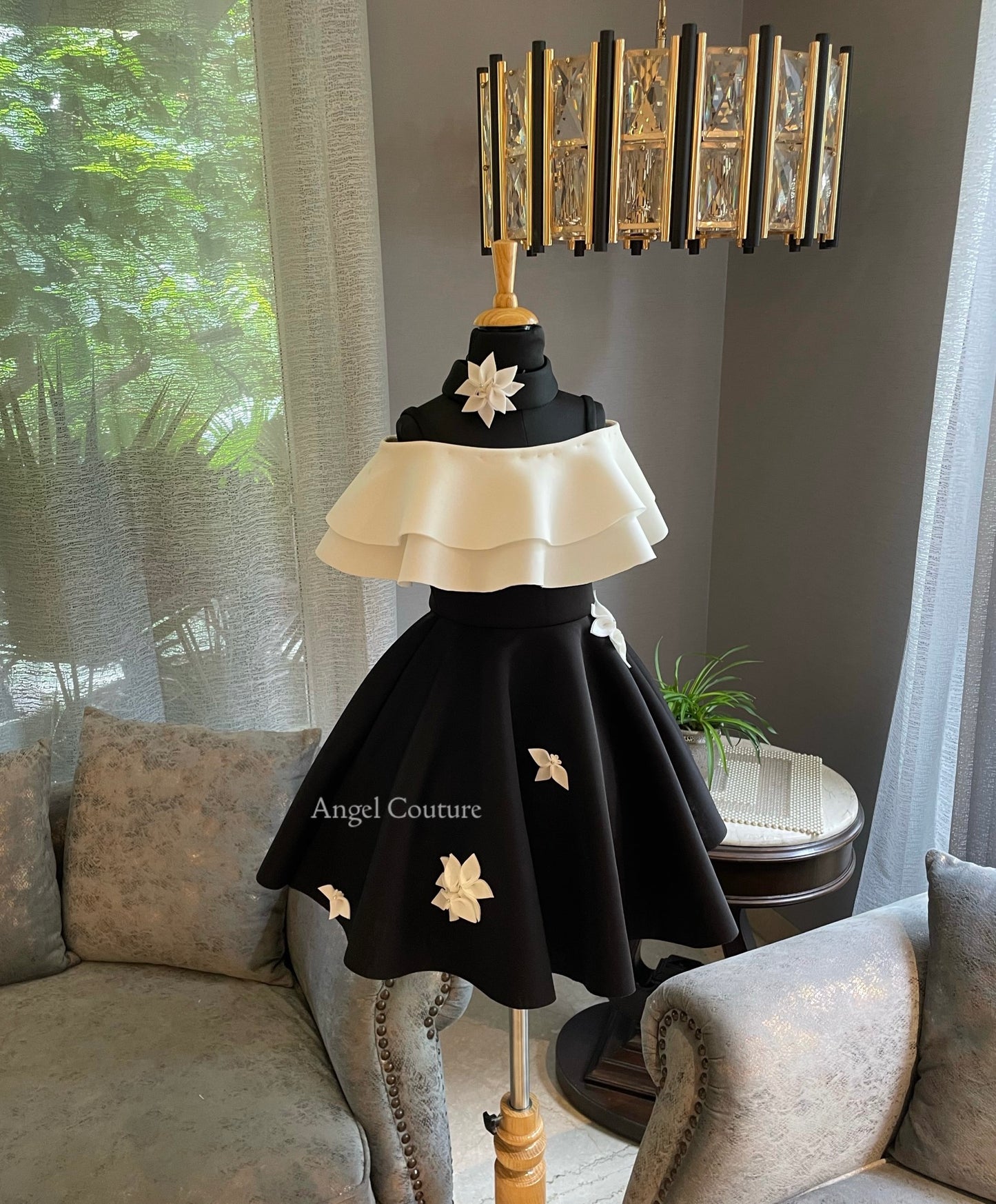 Black And Ivory Double Drape Offshoulder Dress
