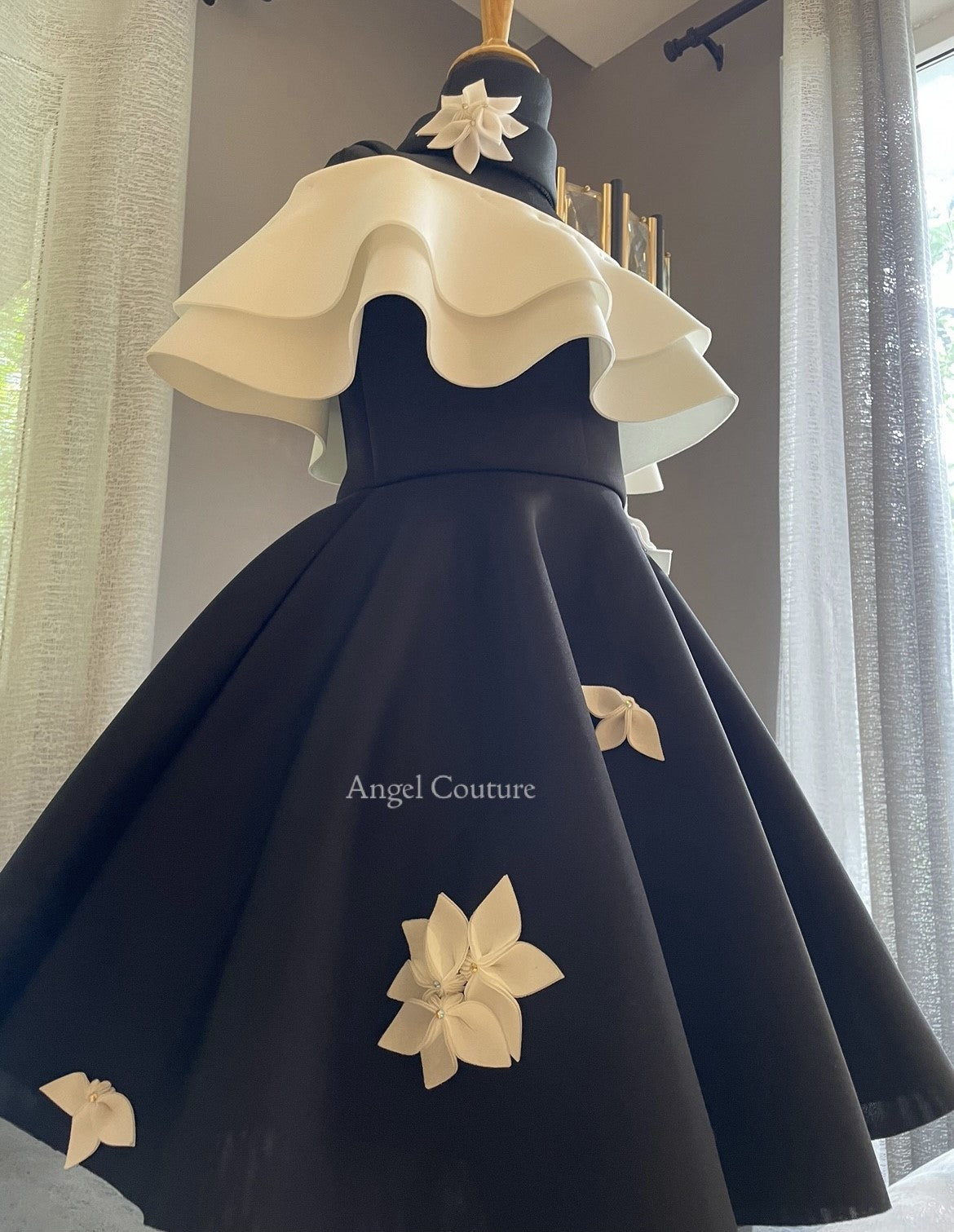 Black And Ivory Double Drape Offshoulder Dress