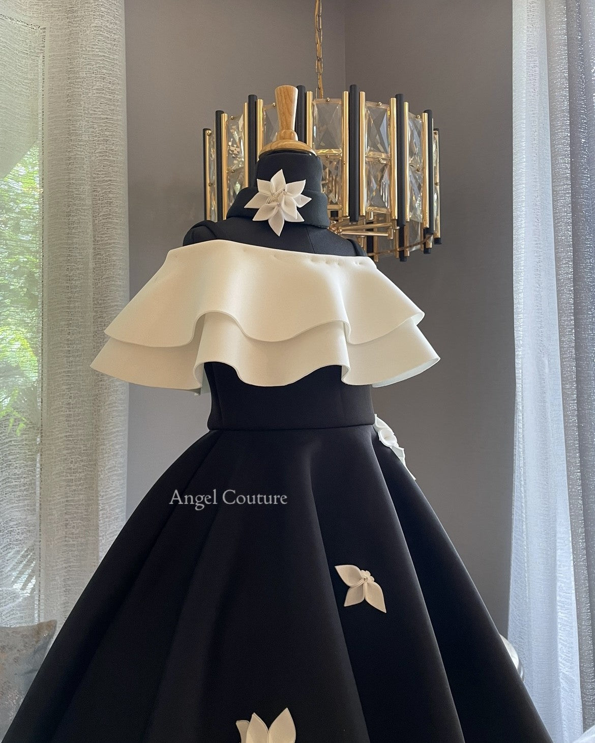Black And Ivory Double Drape Offshoulder Dress