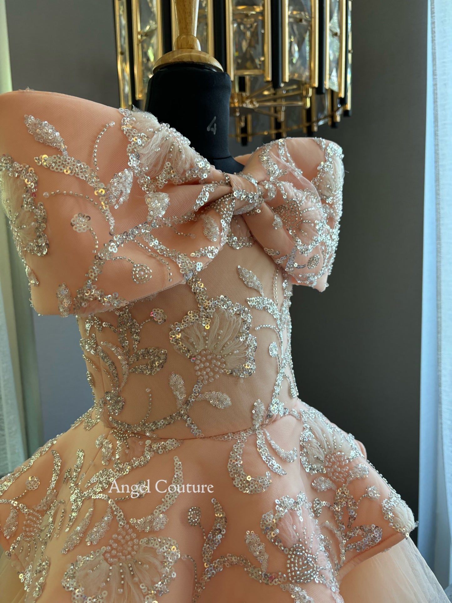 Peach Offshoulder Sequence Bow Charm Dress
