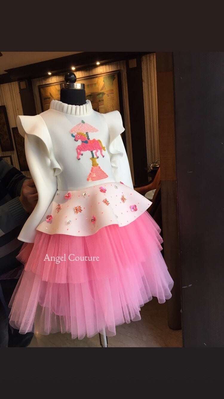 Ivory Lotus Pink Unicorn Carousel Dress