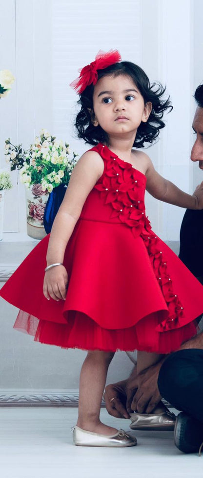 Red One Shoulder Falling Flowers Dress