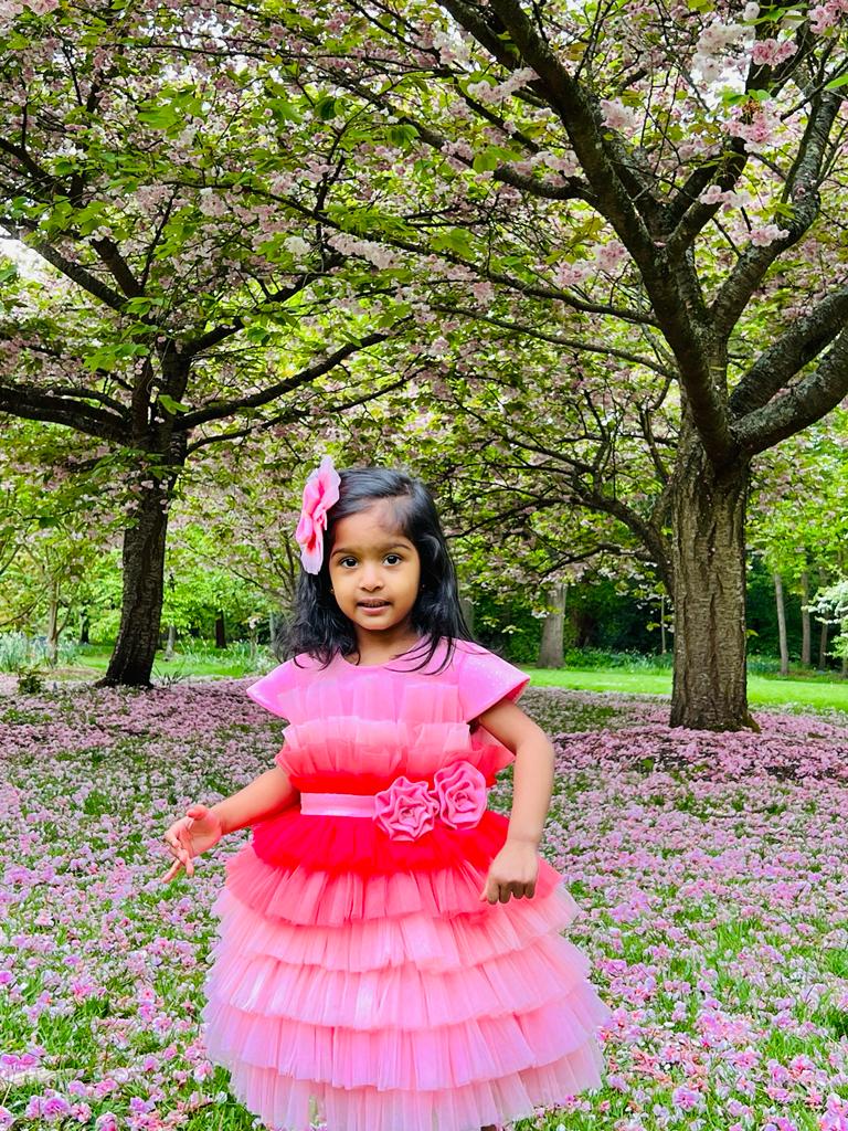 Shades Of Pink Multilayer Net Glitter Roses Dress