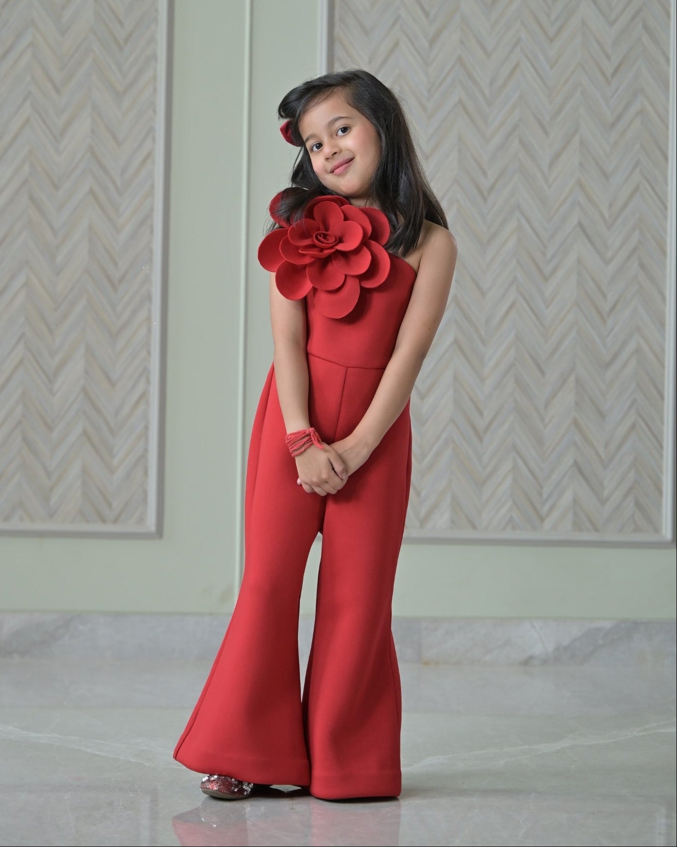 Red 3D Flower Jumpsuit