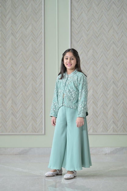 English Green Sequence Jacket Sharara Set