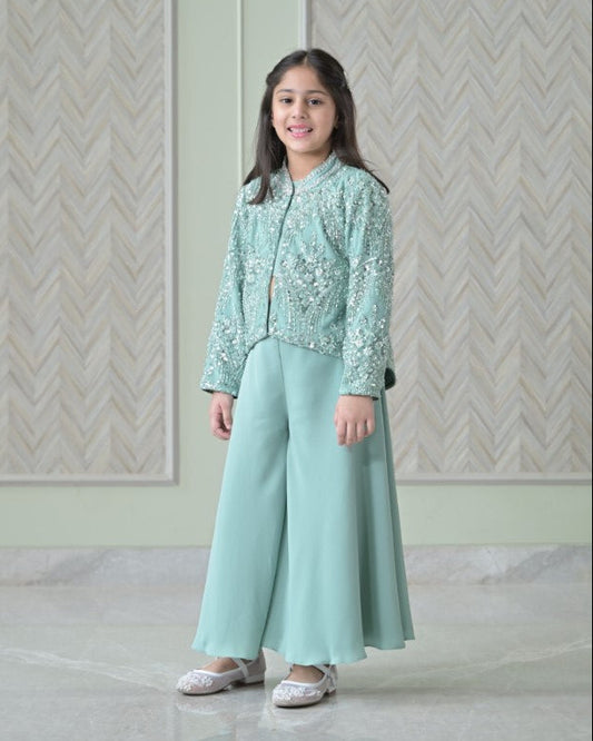 English Green Sequence Jacket Sharara Set