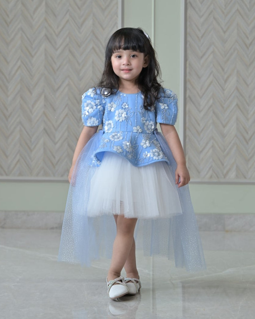 Powder Blue Ivory Sequence Peplum Dress With Back Flair