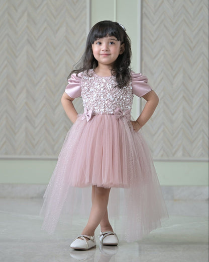Nude Satin Pearl Dress With Back Flair