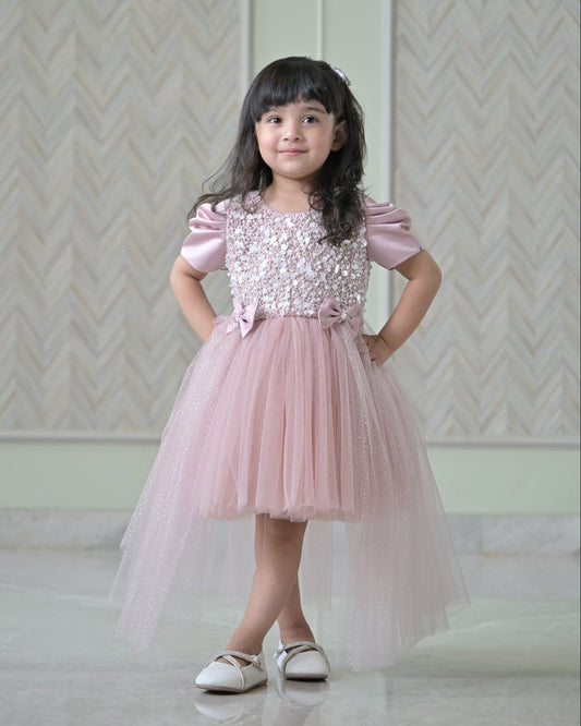Nude Satin Pearl Dress With Back Flair