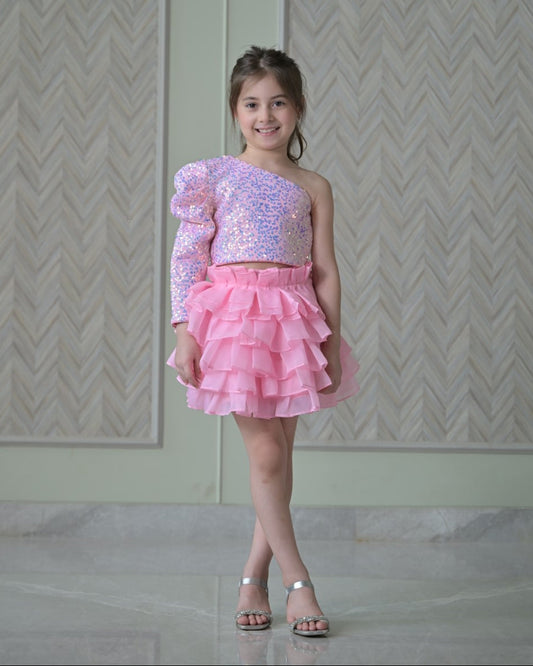 Lotus pink Sequence Top With Organza Skirt
