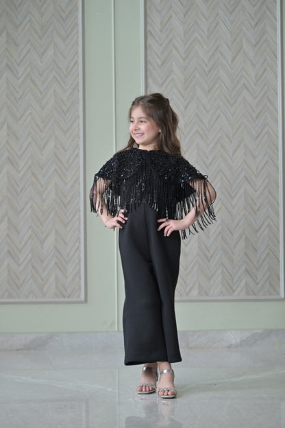 Black Sequence Shoulder Cape Jumpsuit