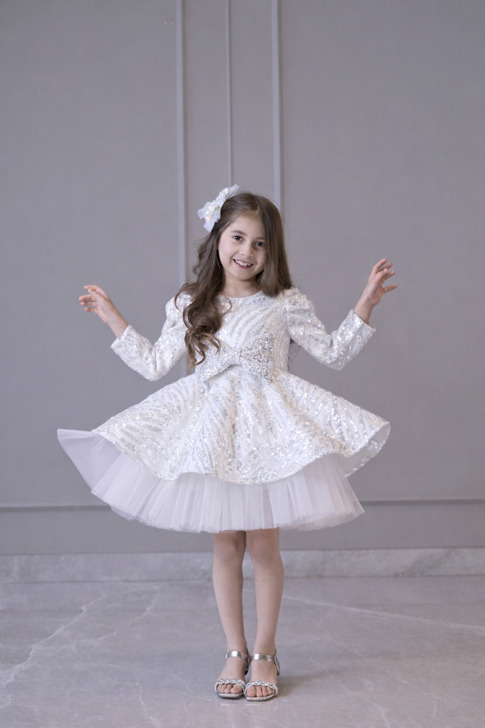 Ivory Silver Line Sequence Full Peplum Dress