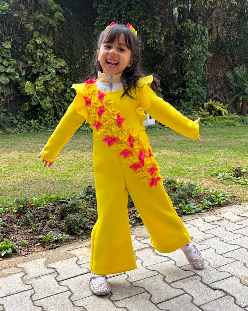 Sunshine Yellow Fuchsia Pink Falling Flowers Jumpsuit