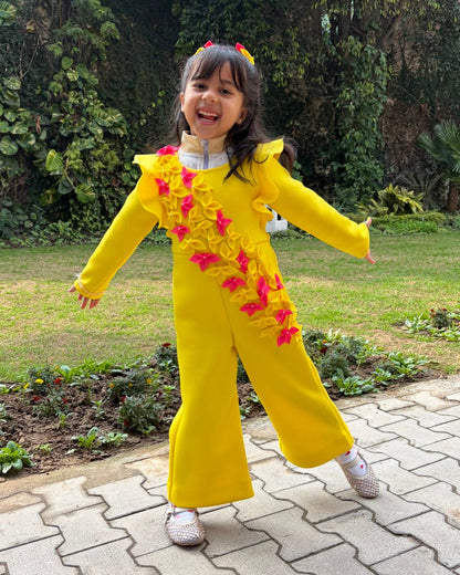 Sunshine Yellow Fuchsia Pink Falling Flowers Jumpsuit