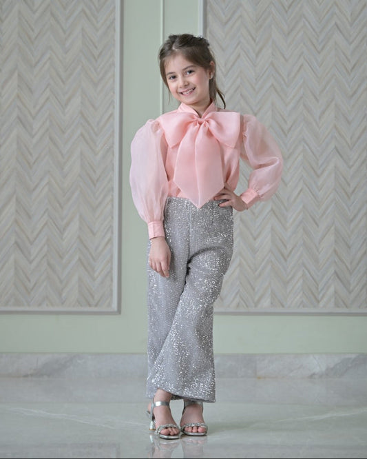 Peach Bow Organza Top With Silver Sequence Trousers Set