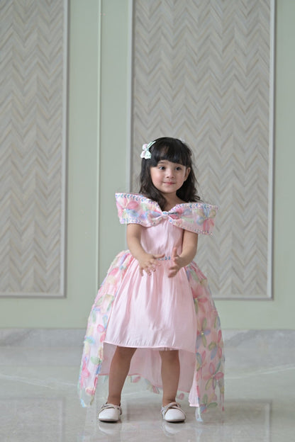 Baby Pink Organza Bow Charm dress With Floral Back Flair