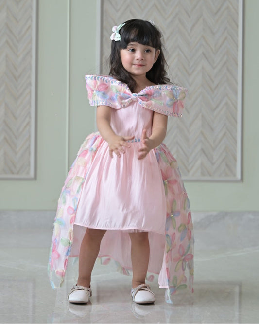Baby Pink Organza Bow Charm dress With Floral Back Flair