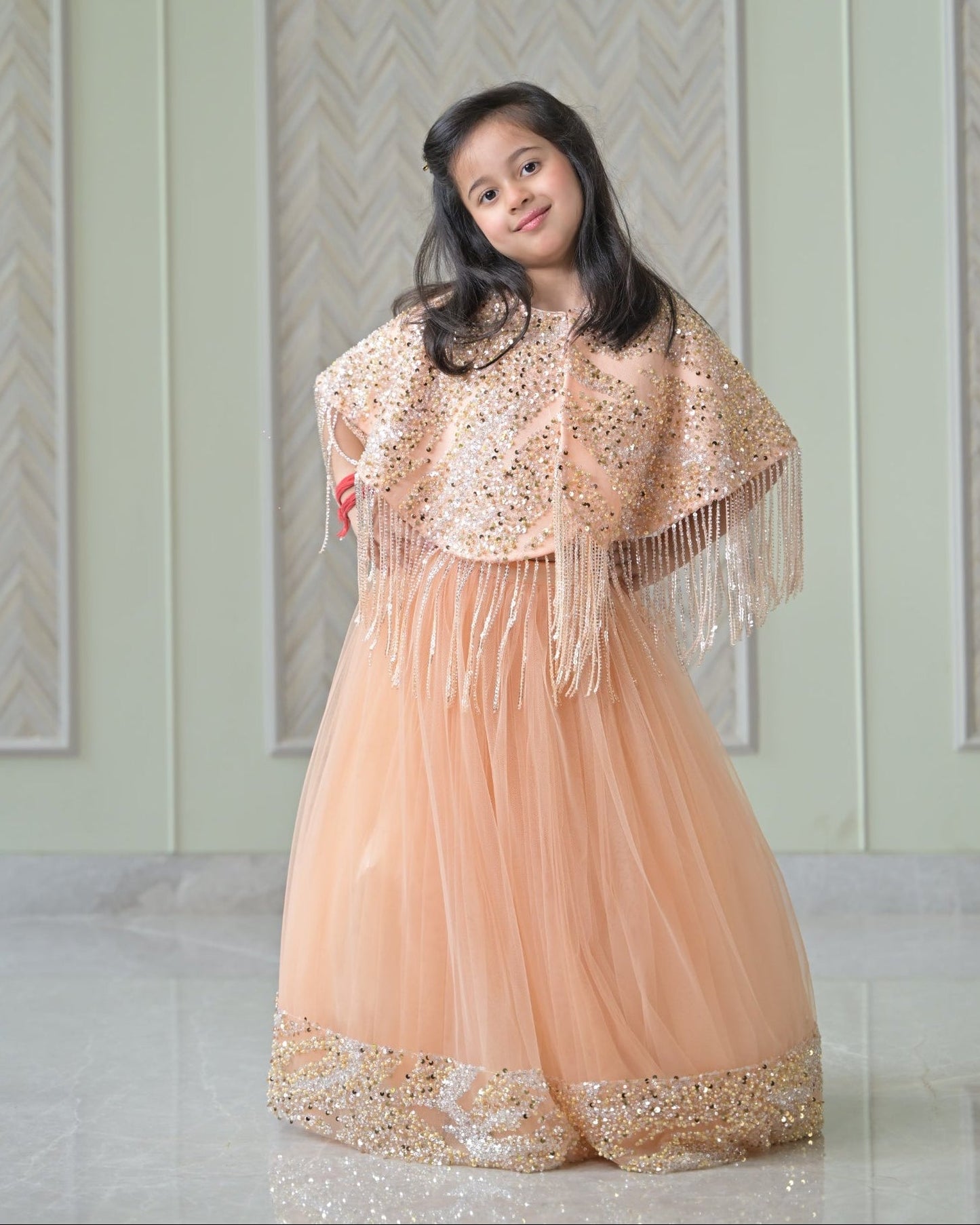 Peach Golden Cape Frill Lehenga Set