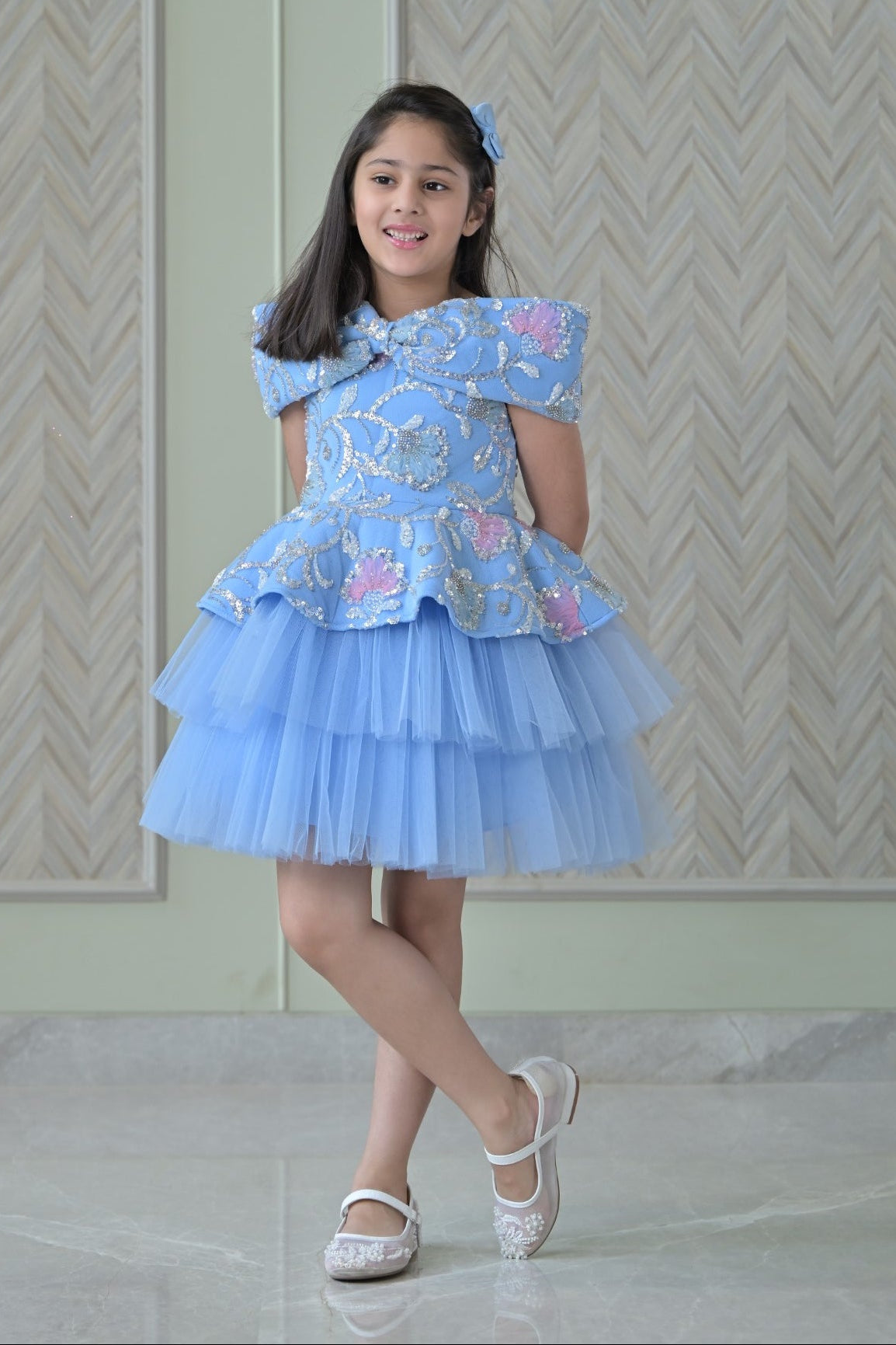 Powder Blue Sequence Offshoulder Bow Charm Dress