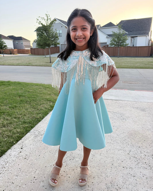 Ice Blue Shoulder Cape Frill Dress
