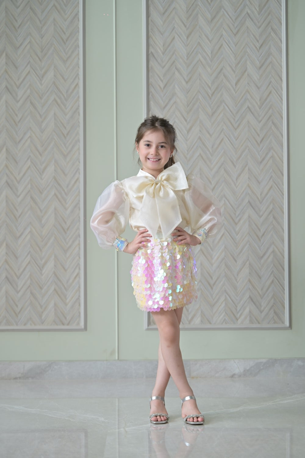 Ivory Bow Organza Top With Sequence Skirt Set