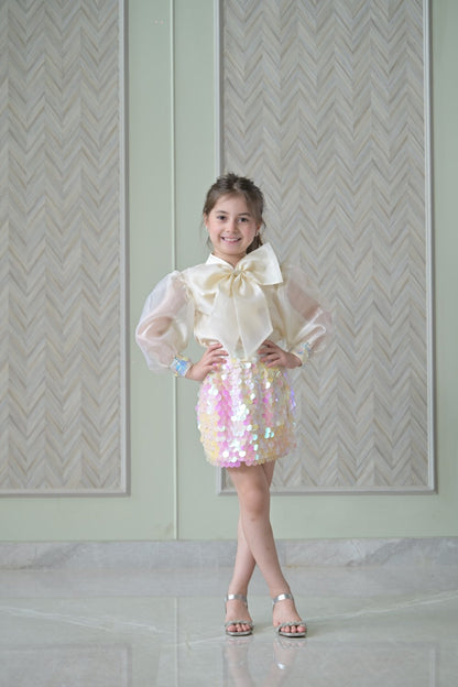 Ivory Bow Organza Top With Sequence Skirt Set