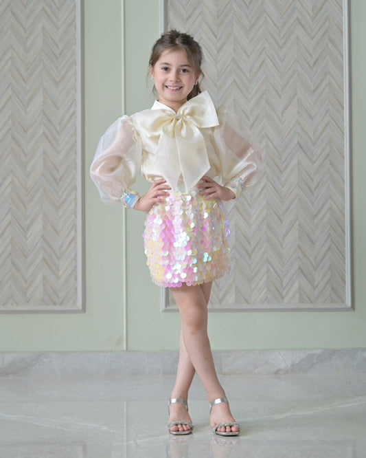 Ivory Bow Organza Top With Sequence Skirt Set