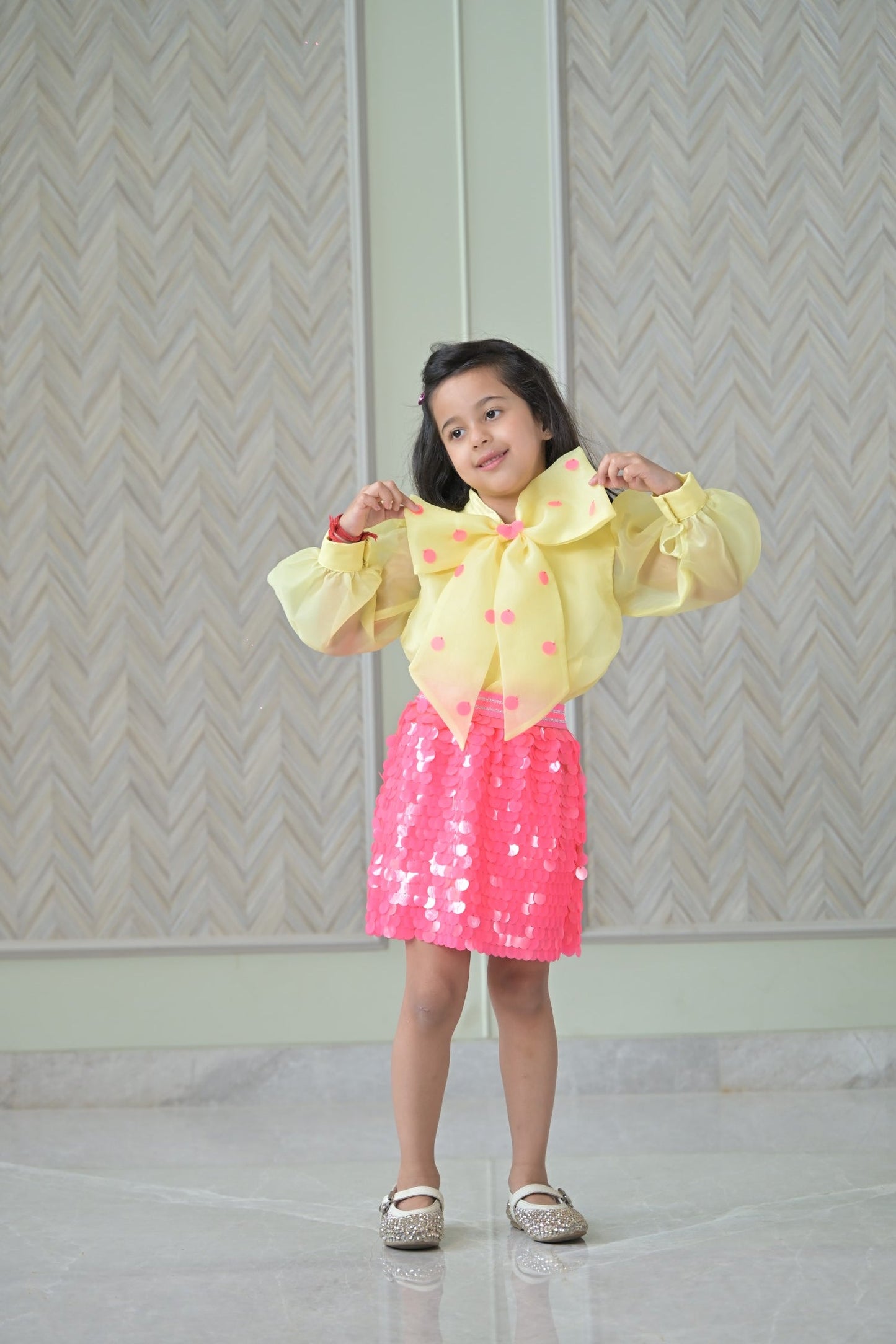 Yellow Organza Bow Top With Fuchsia Pink Squence Skirt Set