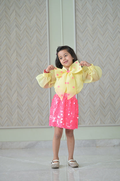Yellow Organza Bow Top With Fuchsia Pink Squence Skirt Set