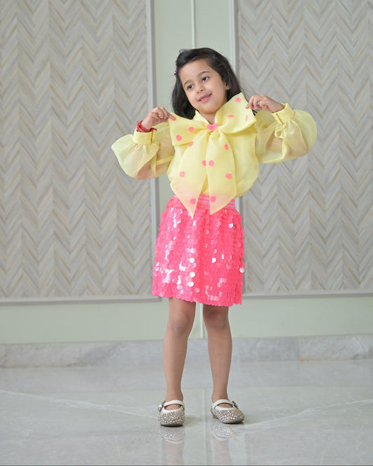 Yellow Organza Bow Top With Fuchsia Pink Squence Skirt Set