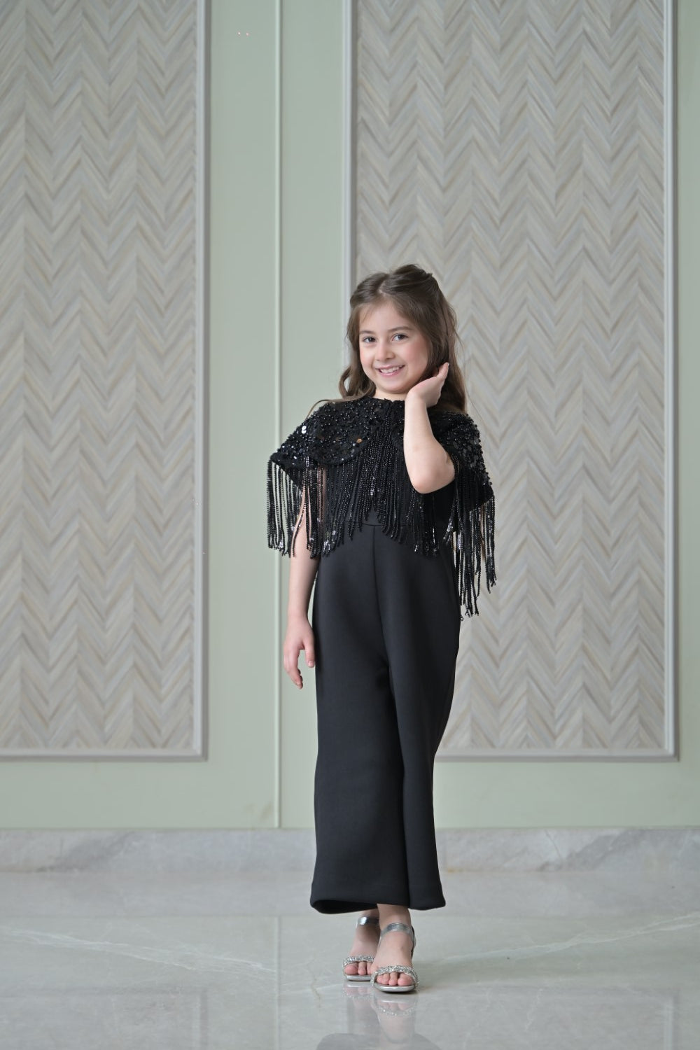 Black Sequence Shoulder Cape Jumpsuit