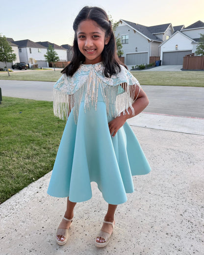 Ice Blue Shoulder Cape Frill Dress