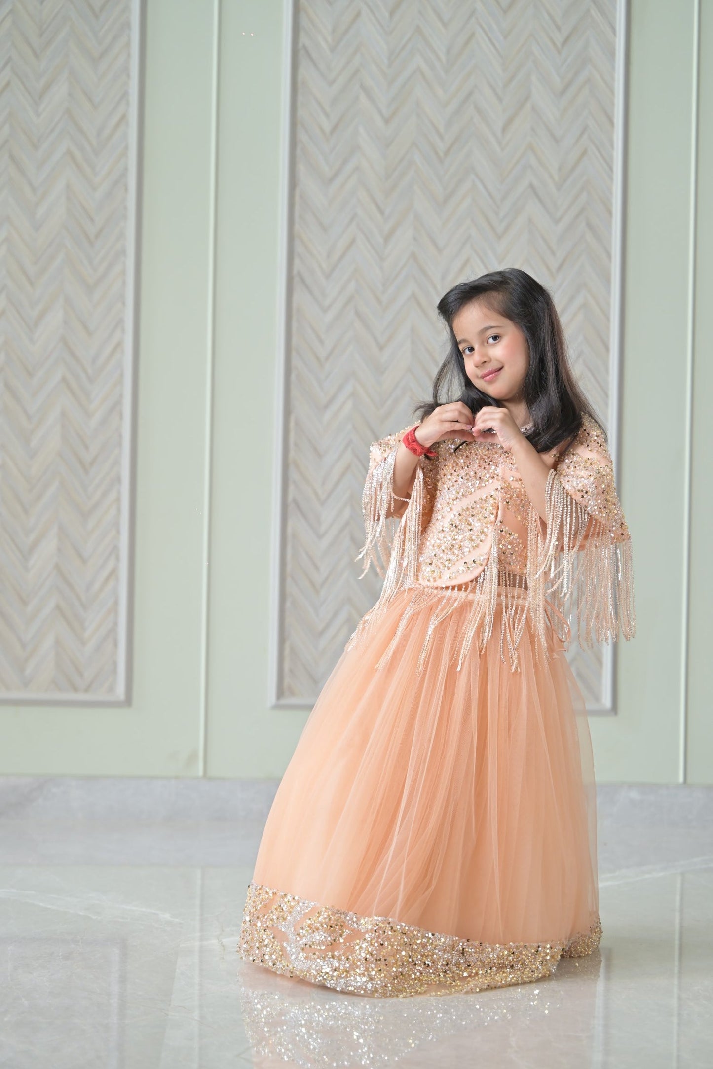 Peach Golden Cape Frill Lehenga Set