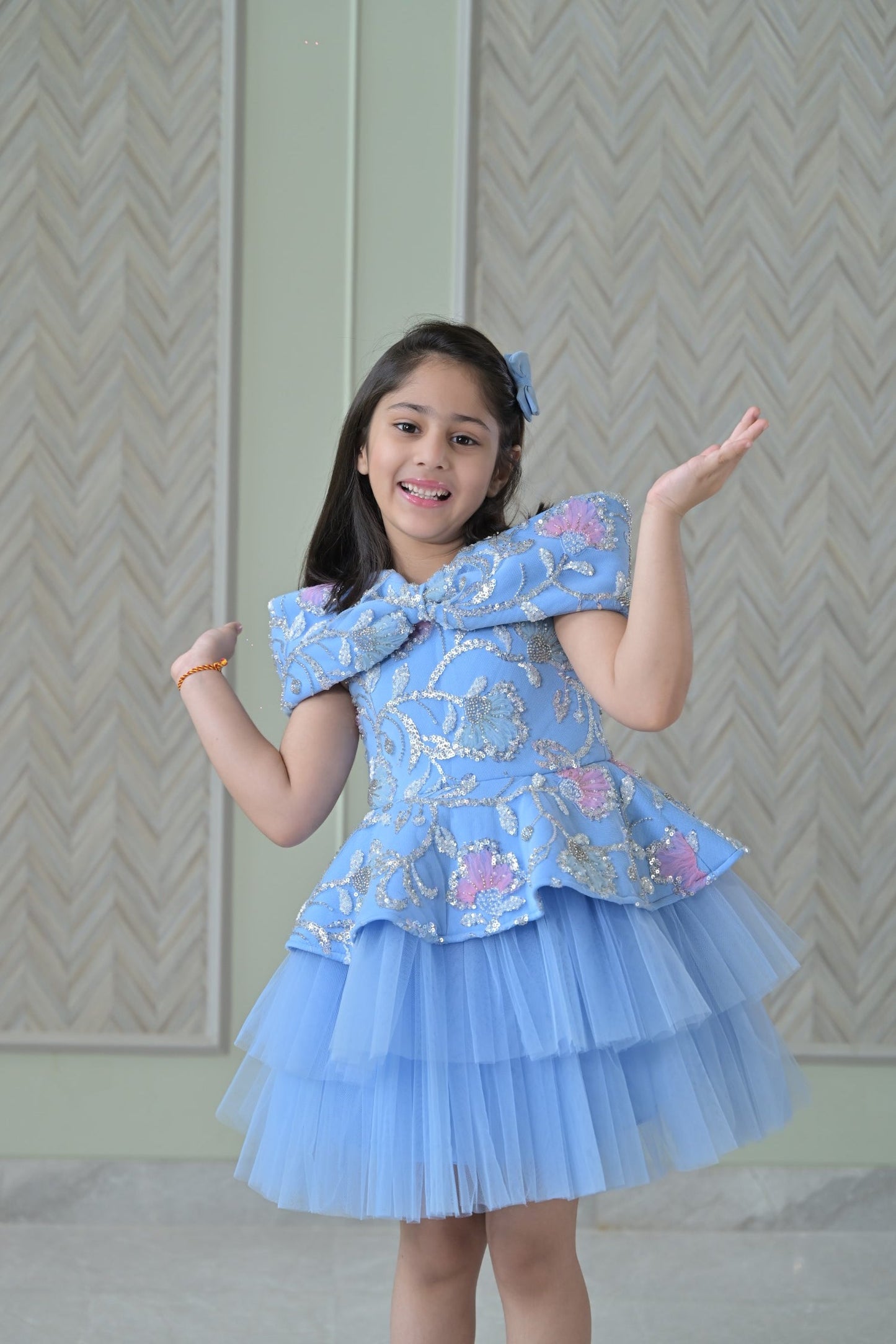 Powder Blue Sequence Offshoulder Bow Charm Dress