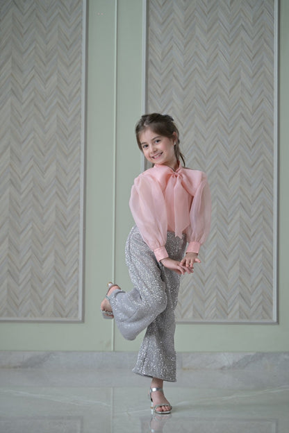 Peach Bow Organza Top With Silver Sequence Trousers Set