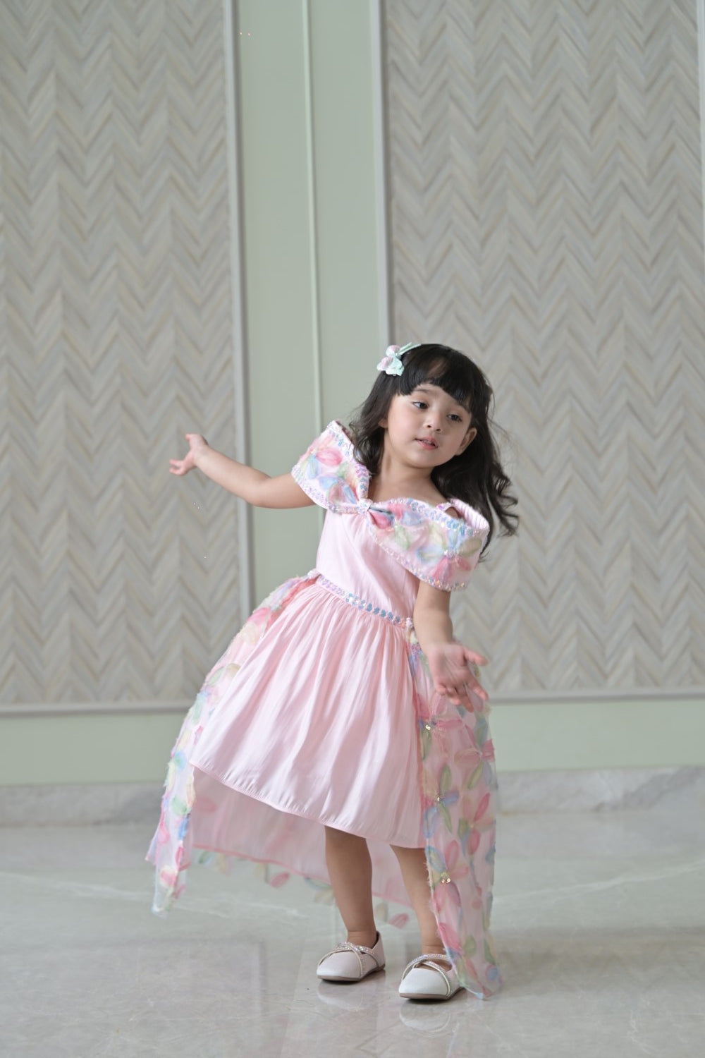 Baby Pink Organza Bow Charm dress With Floral Back Flair