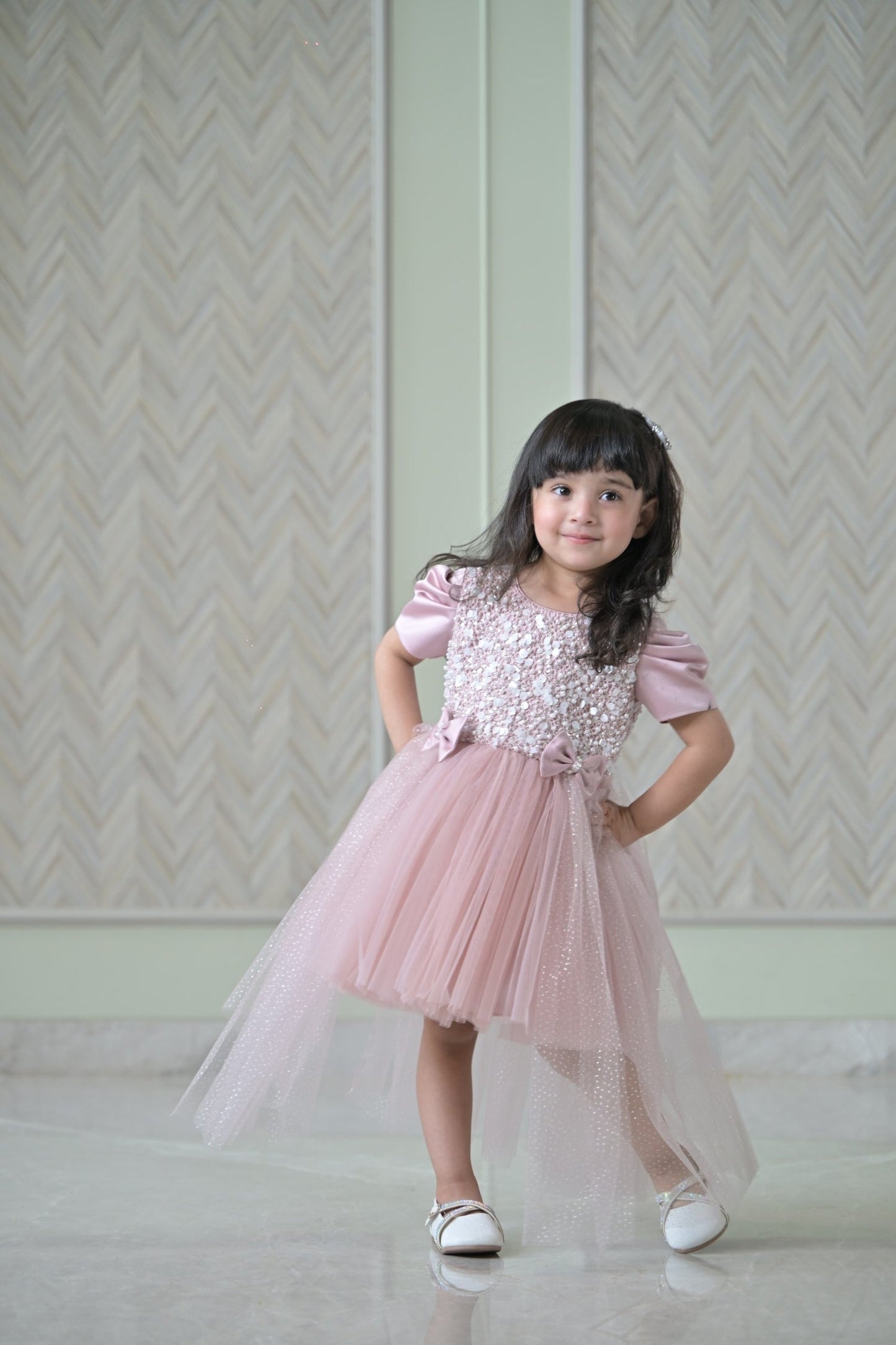 Nude Satin Pearl Dress With Back Flair
