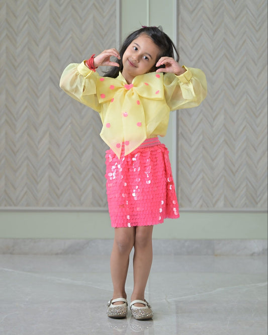 Yellow Organza Bow Top With Fuchsia Pink Squence Skirt Set