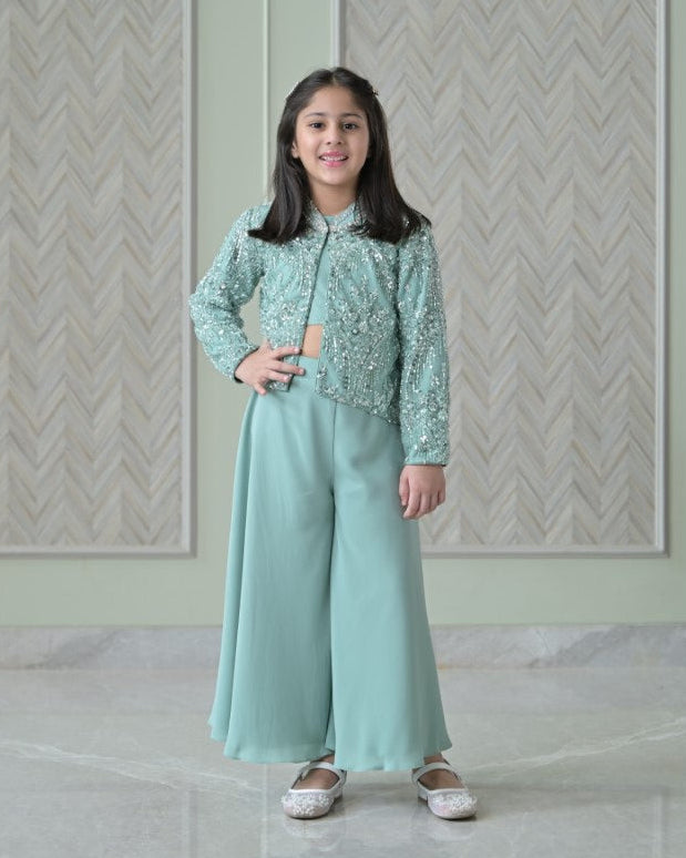 English Green Sequence Jacket Sharara Set