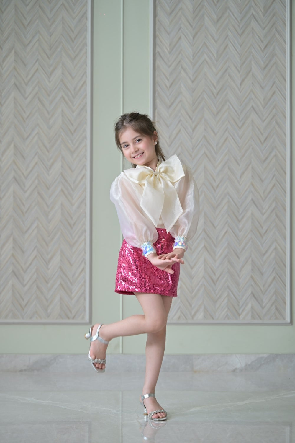 Ivory Bow Organza Top With Rani Pink Sequence Skirt Set