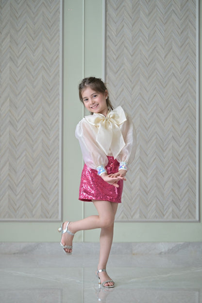 Ivory Bow Organza Top With Rani Pink Sequence Skirt Set