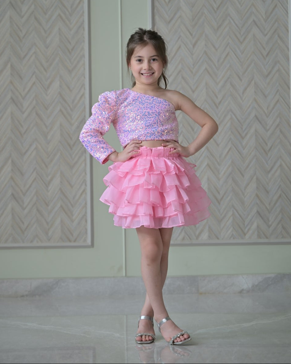 Lotus pink Sequence Top With Organza Skirt
