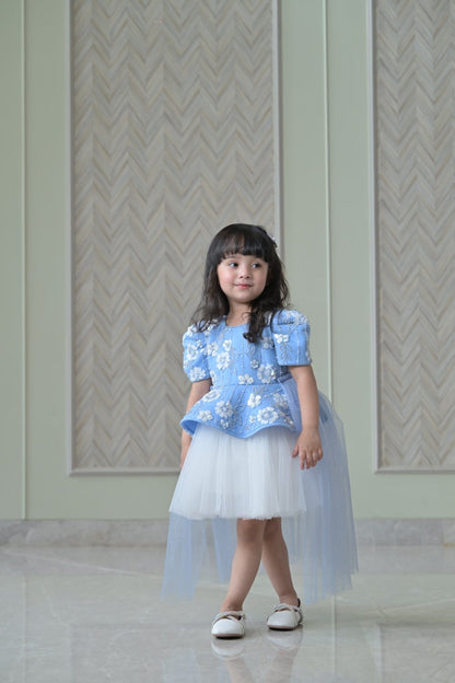 Powder Blue Ivory Sequence Peplum Dress With Back Flair